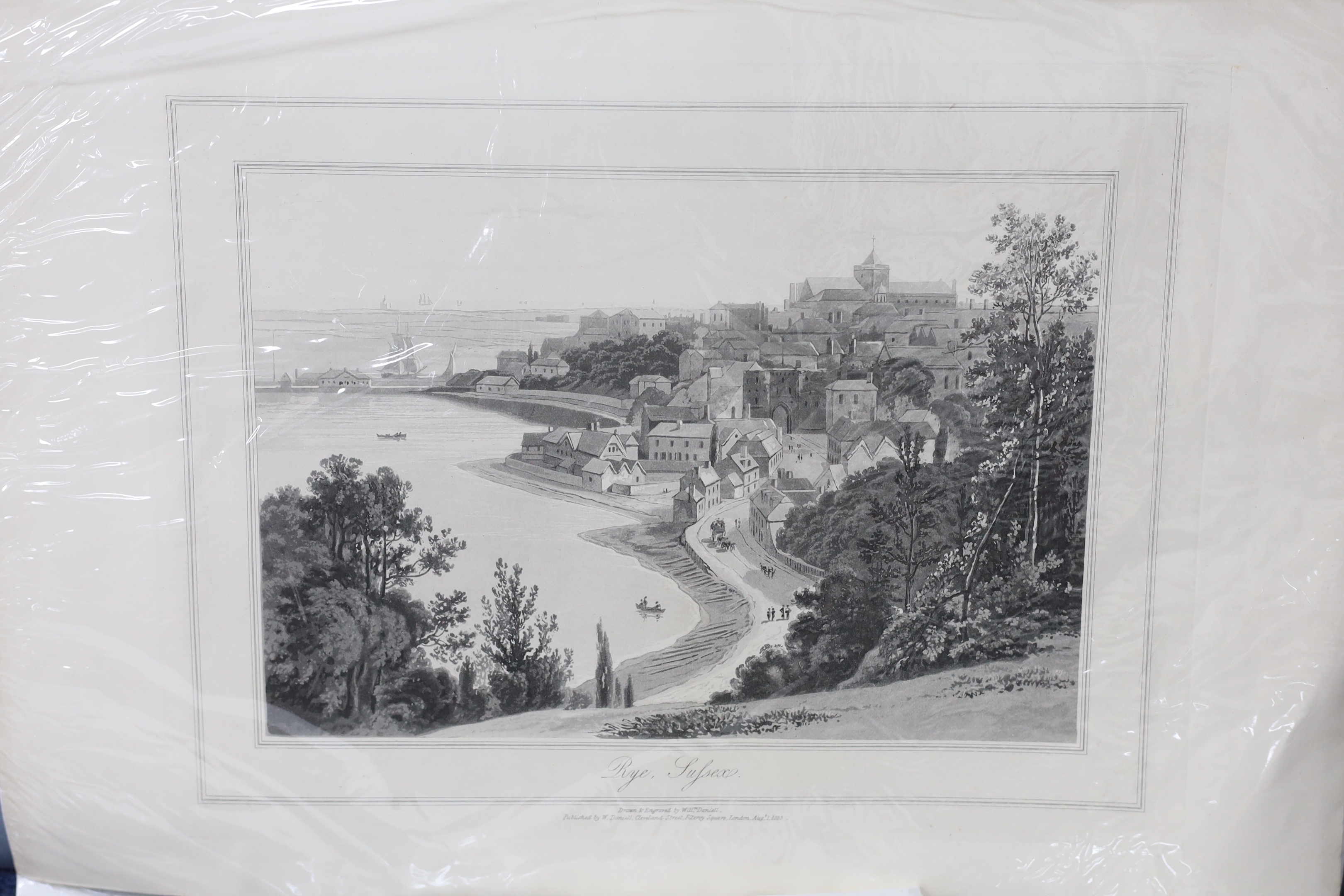 A collection of coloured and black and white engravings of Hastings, Lewes and environs
